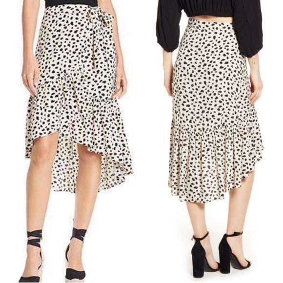 AQUA Spotted Ruffled Wrap Midi Skirt - Picture 1 of 15